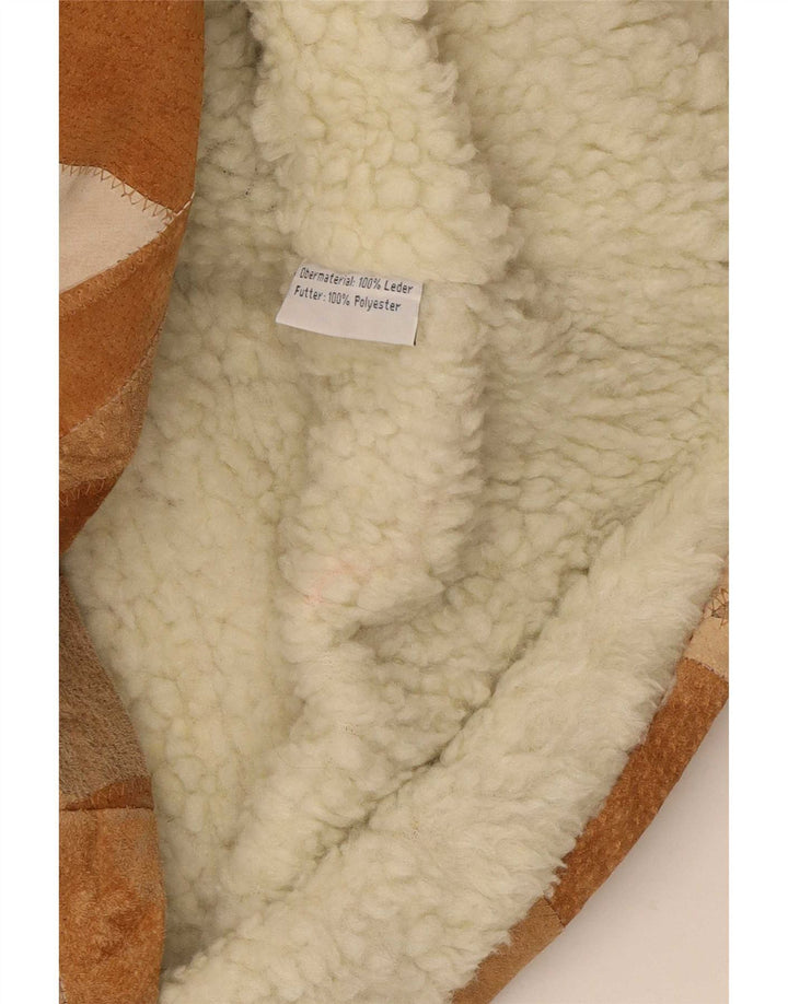 Vintage Sherpa-overfrakke med hætte til kvinder UK 18 XL brun patchwork-læder