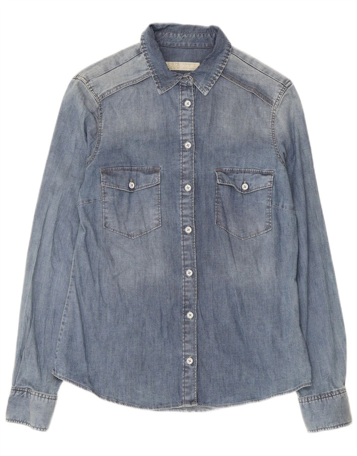 Zara Dame Denim Shirt UK 14 Stor Blå Bomuld