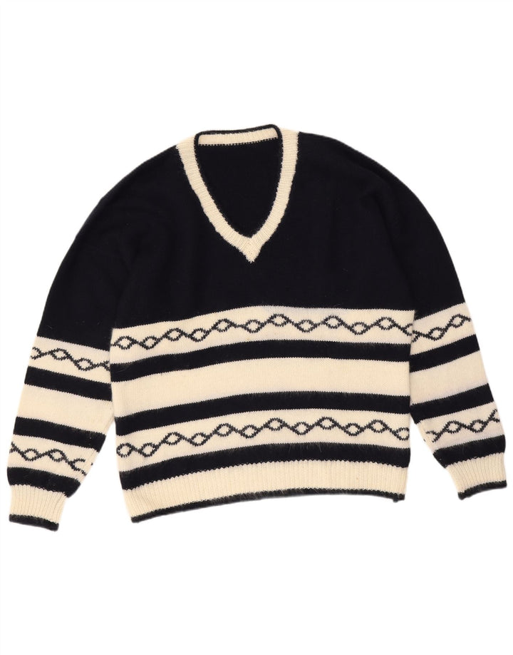 Vintage Herre V-hals sweater Medium Marineblå Geometrisk
