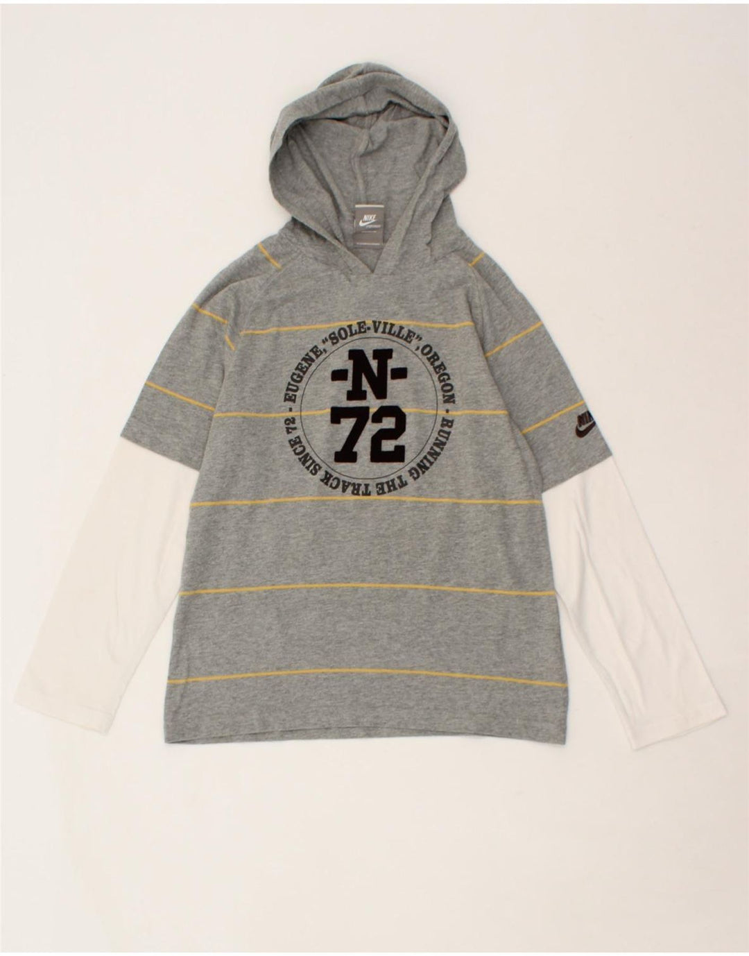 NIKE Boys Hooded Graphic Top Long Sleeve 10-11 Years Medium Grey Striped Vintage Nike and Second-Hand Nike from Messina Hembry 