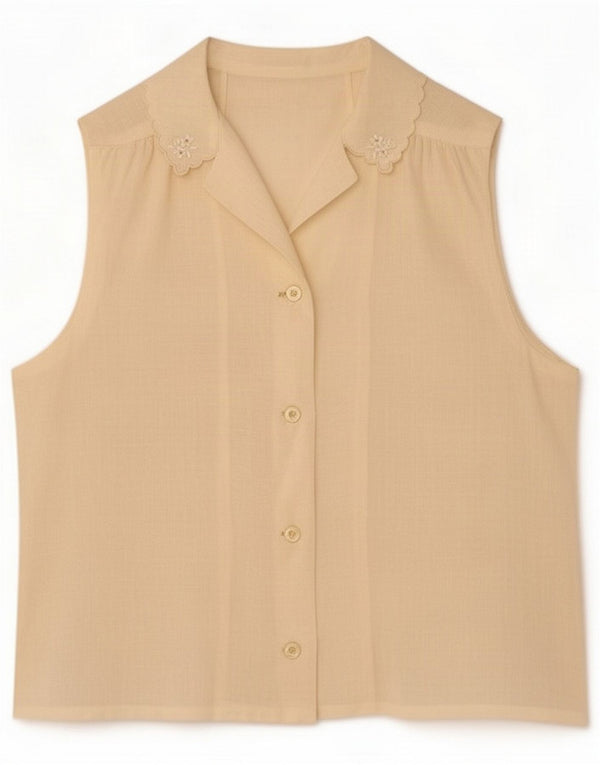 Vintage ærmeløs skjortebluse til kvinder UK 14 Medium Off White Blomster
