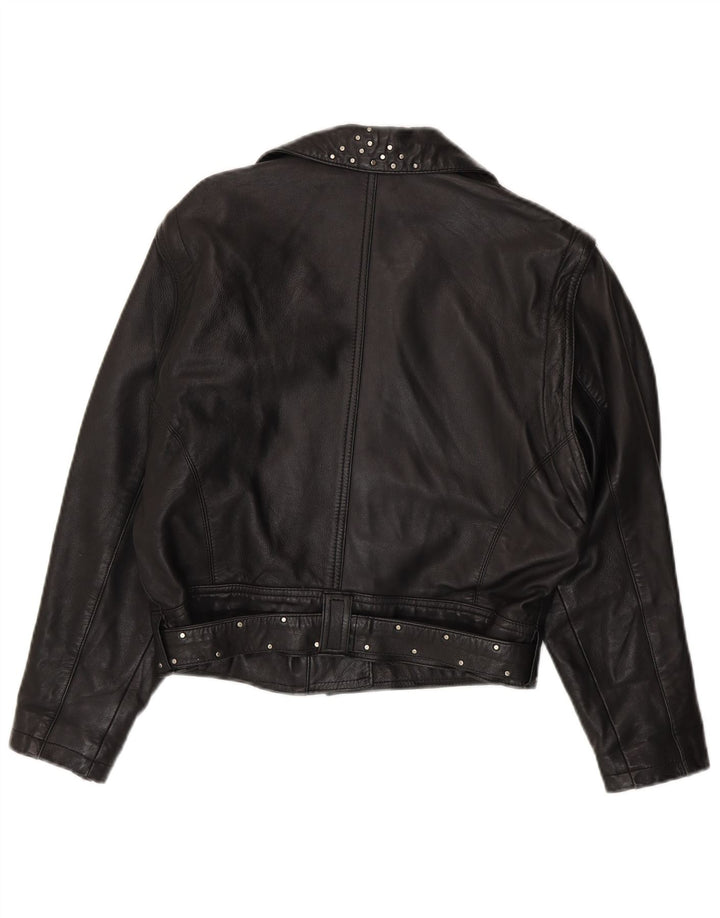 Vintage kvinders crop læder bikerjakke UK 12 medium sort læder