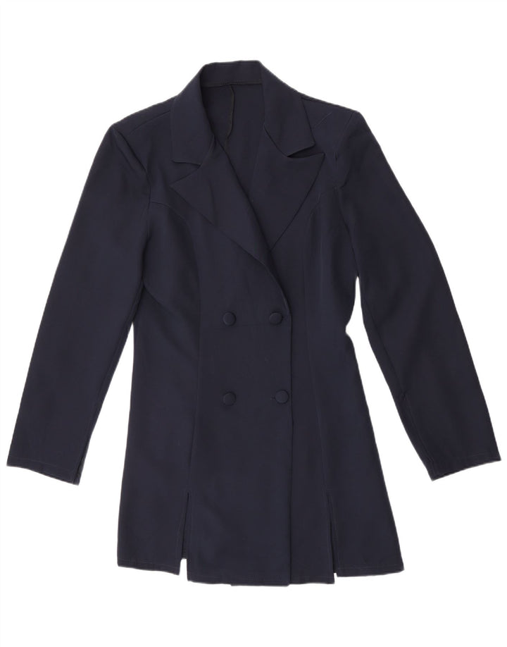 Vintage Dame Dobbeltradet Frakke UK 14 Medium Navy Blue Polyester