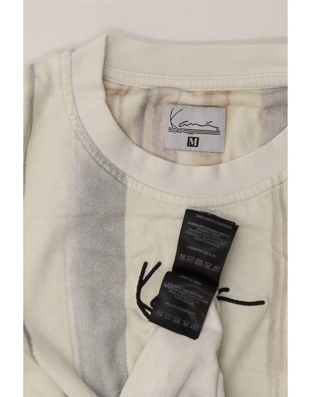 KARL KANI Herre grafisk T-shirt Top Medium Beige Stribet Bomuld