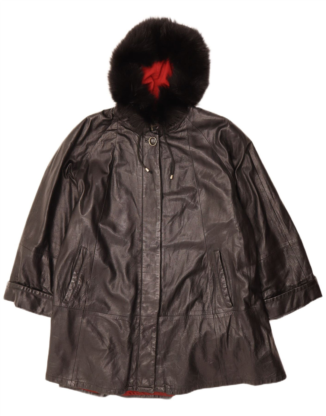 VINTAGE Oversized læderfrakke med hætte til kvinder IT 42 Medium sort læder