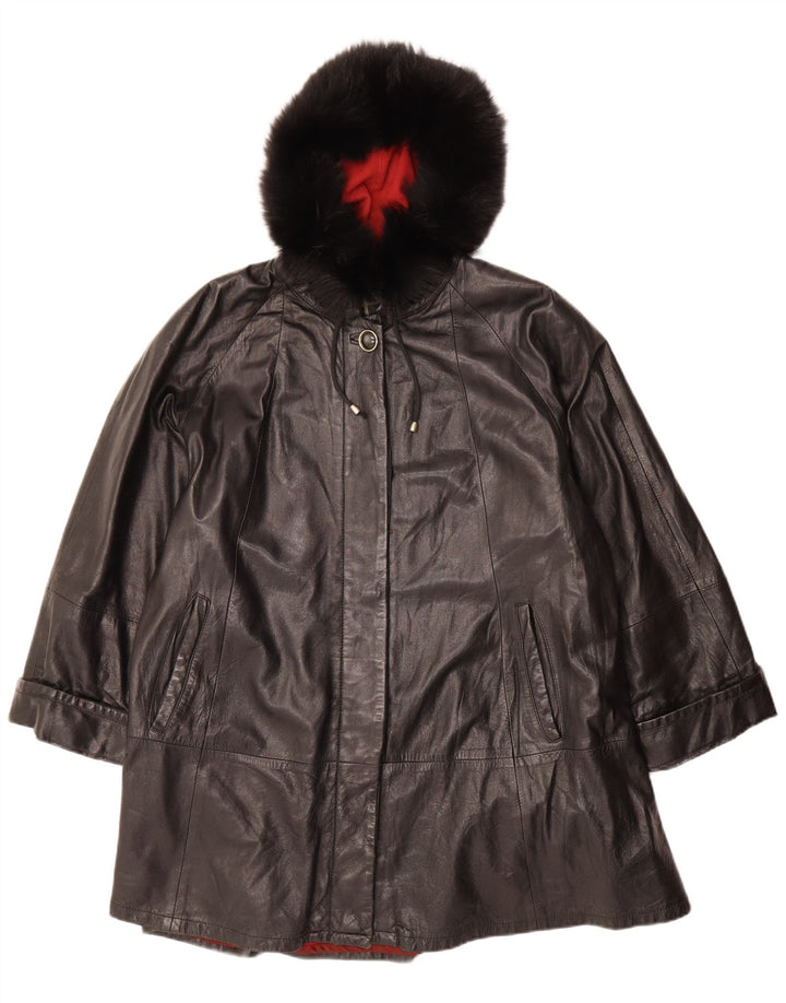 VINTAGE Oversized læderfrakke med hætte til kvinder IT 42 Medium sort læder