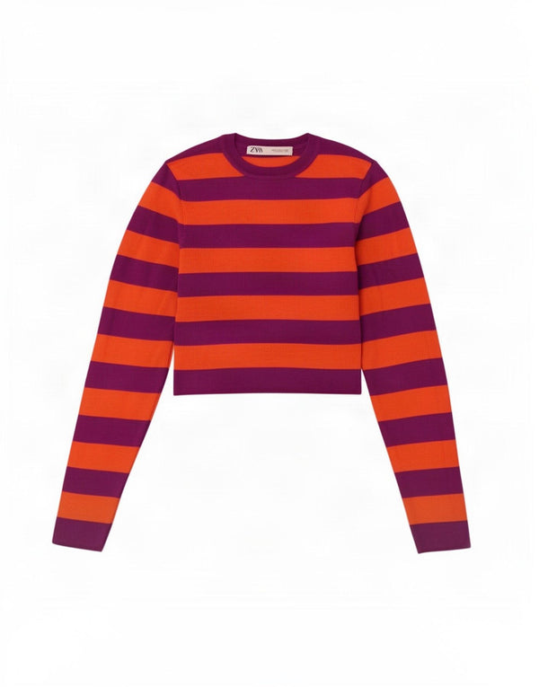 Zara Womens Crop Boat Neck Jumper Sweater UK 8 Lille lilla stribet viskose
