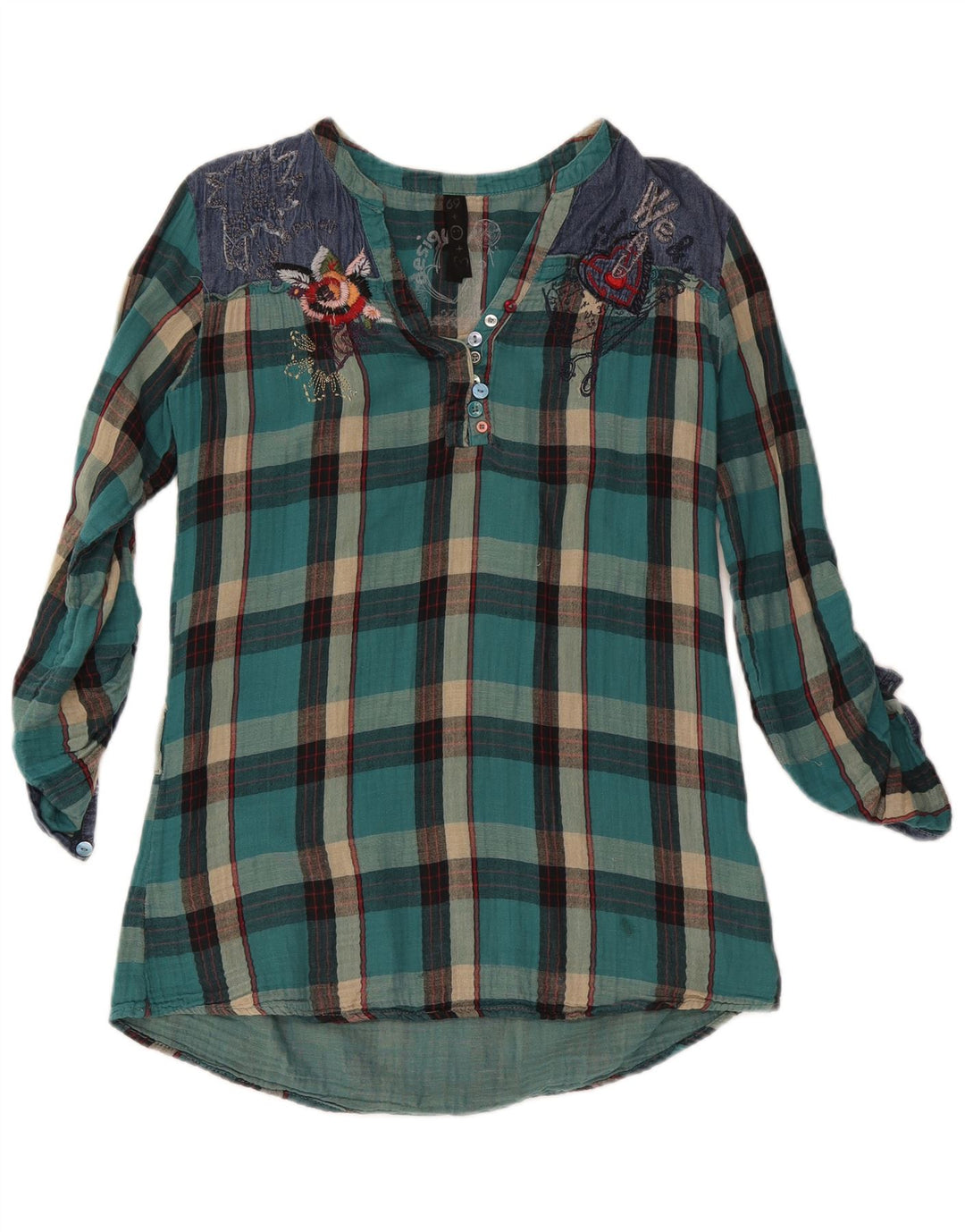 Desigual Dame Langærmet Bluse Top UK 16 Stor turkis ternet