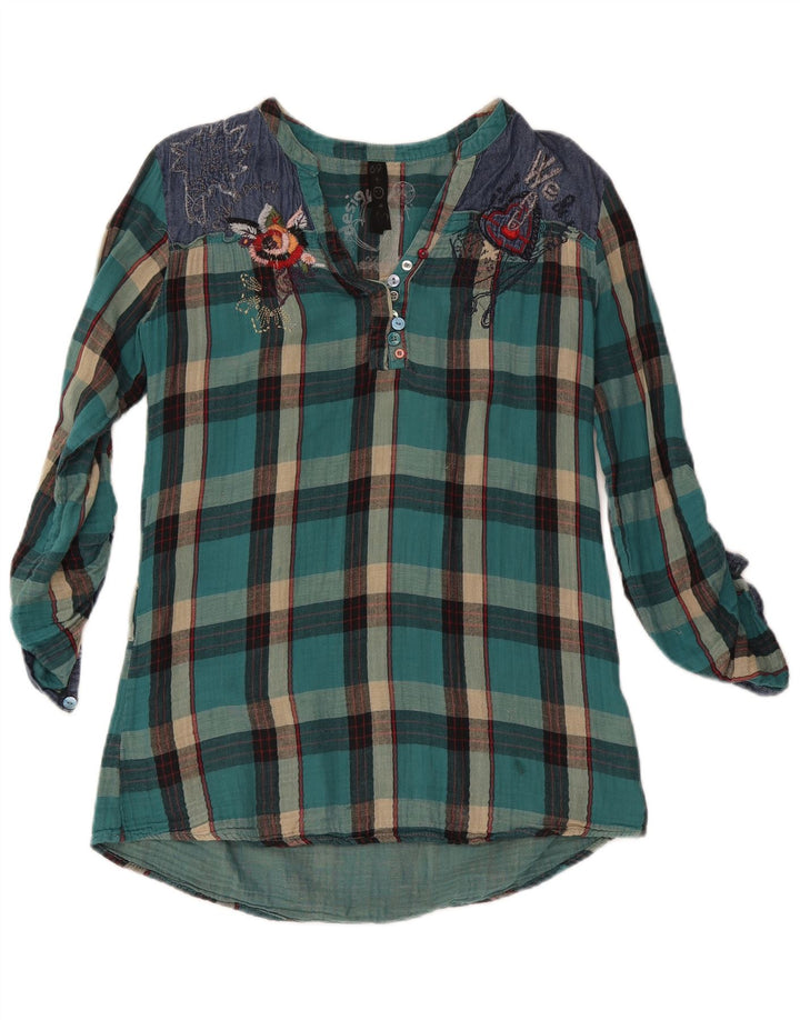 Desigual Dame Langærmet Bluse Top UK 16 Stor turkis ternet