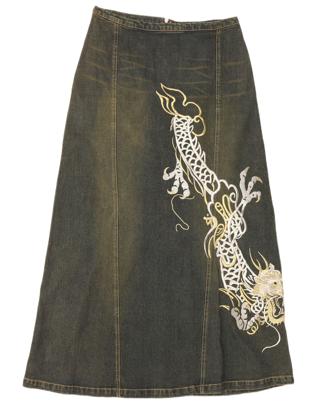 VINTAGE grafisk denimnederdel til kvinder UK 12 Medium W30 Blå bomuld