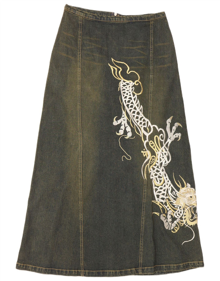 VINTAGE grafisk denimnederdel til kvinder UK 12 Medium W30 Blå bomuld