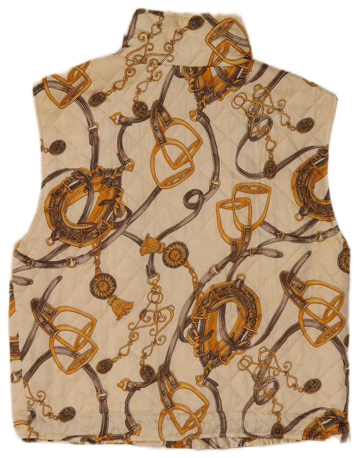 VINTAGE Dame Abstrakt mønster Quiltet Gilet UK 14 Large Off White Silke
