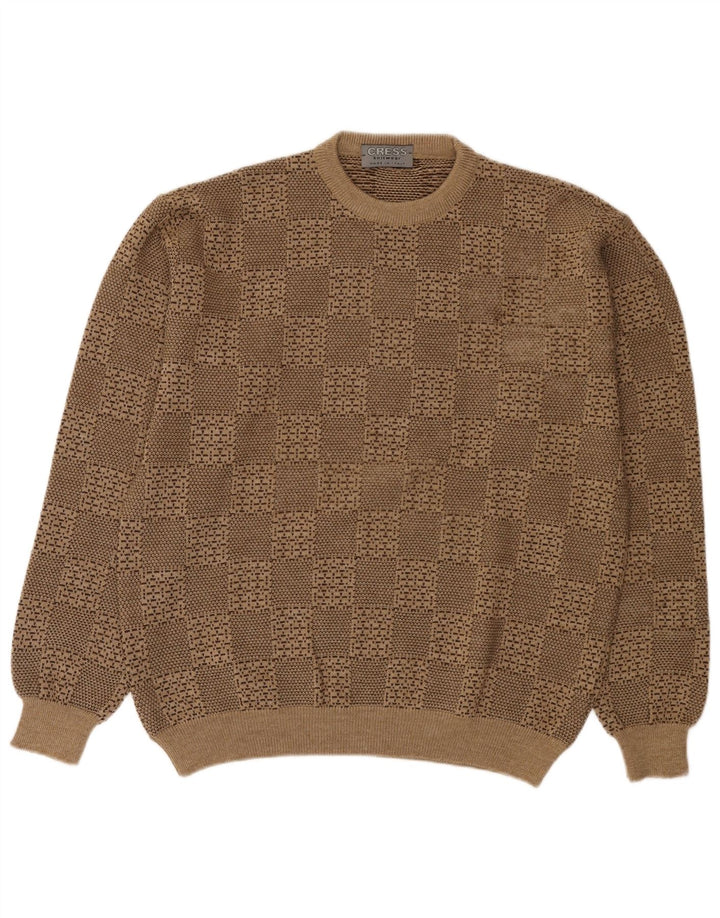 Vintage mænd med rund hals sweater stor beige geometrisk uld