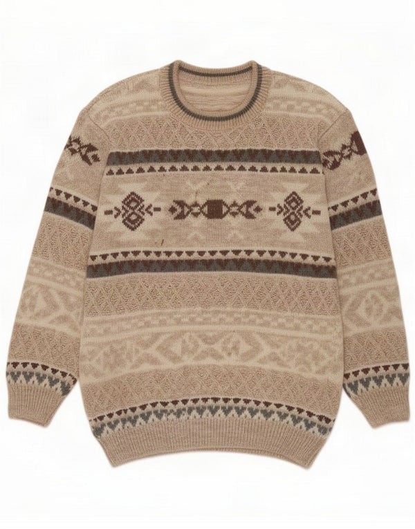 Vintage Mens Crew Neck Jumper Sweater Large Beige Geometric Wool