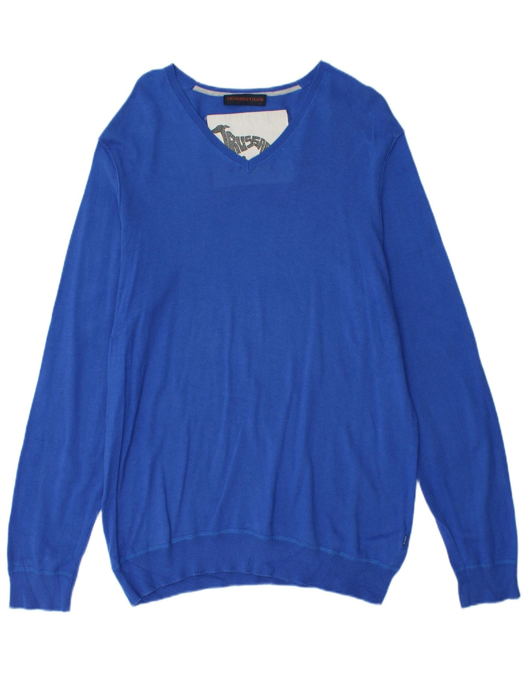 TRUSSARDI JEANS Mens V-Neck Jumper Sweater Large Blue Cotton