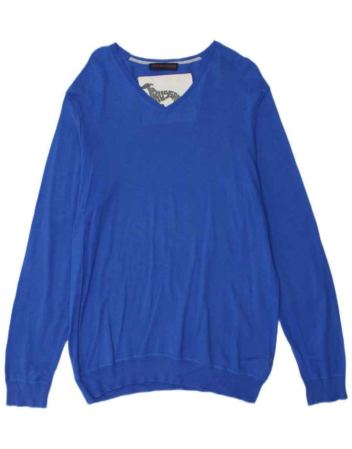 TRUSSARDI JEANS Mens V-Neck Jumper Sweater Large Blue Cotton