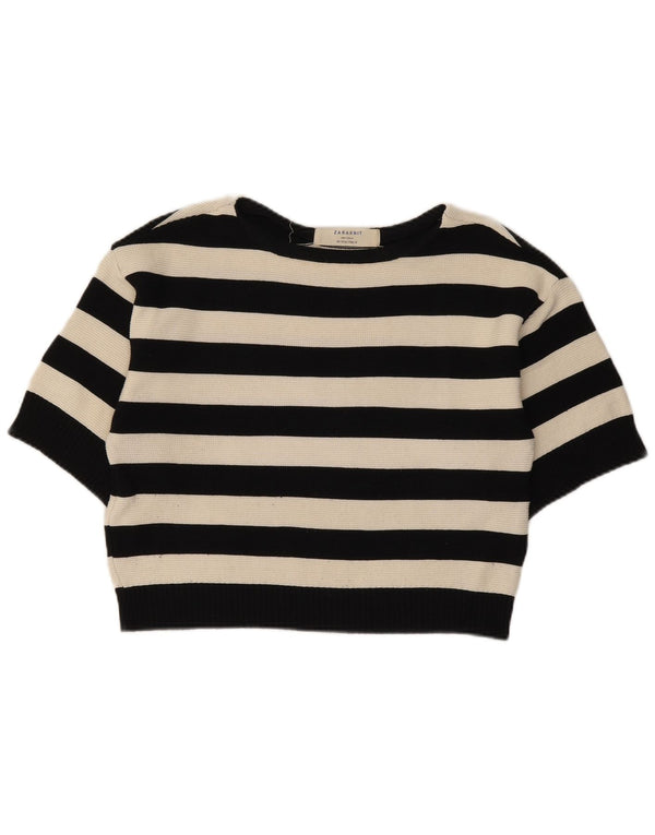 Zara Womens Crop Boat Neck Jumper Sweater UK 10 Small Black Striped