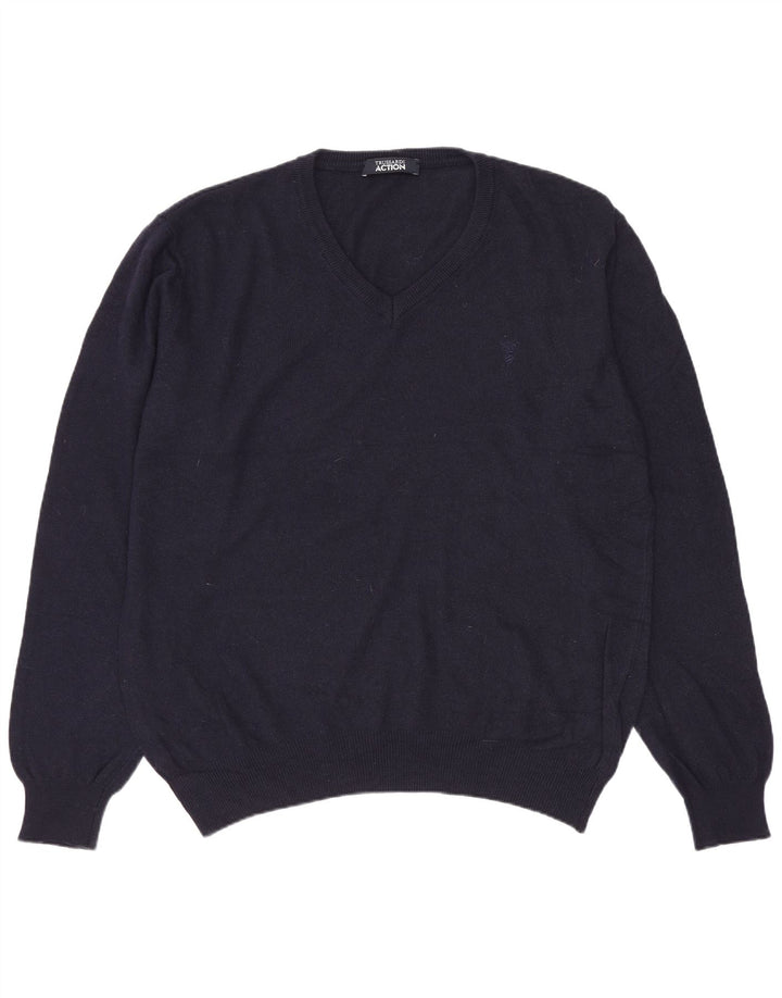 Trussardi Herre V-hals trøje Sweater Large Navy Blue Polyester