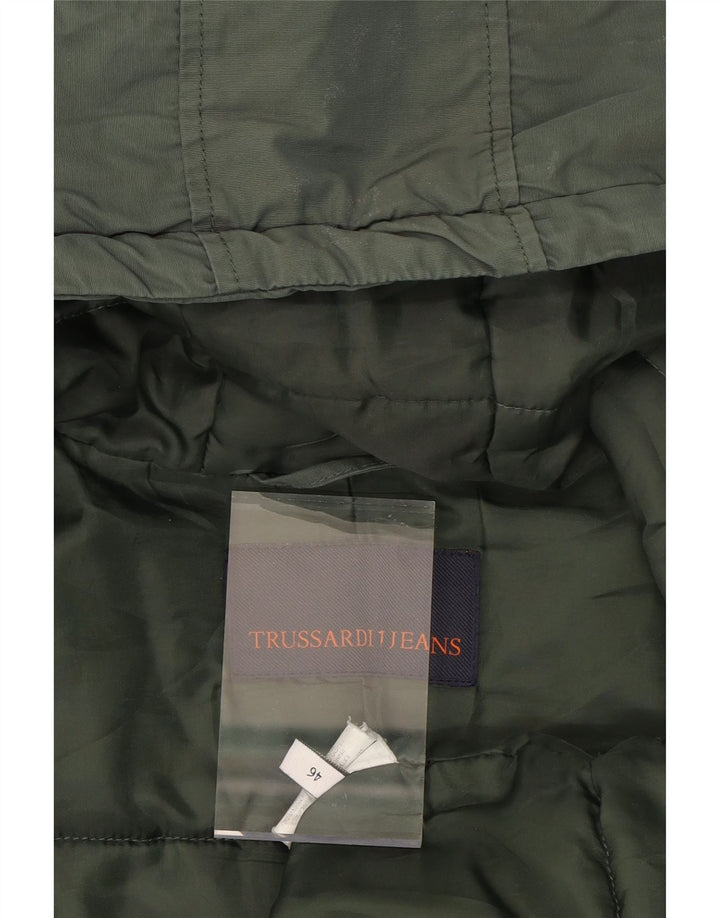 TRUSSARDI JEANS Mens Hooded Padded Jacket IT 46 Small Khaki Cotton Vintage Trussardi Jeans and Second-Hand Trussardi Jeans from Messina Hembry 