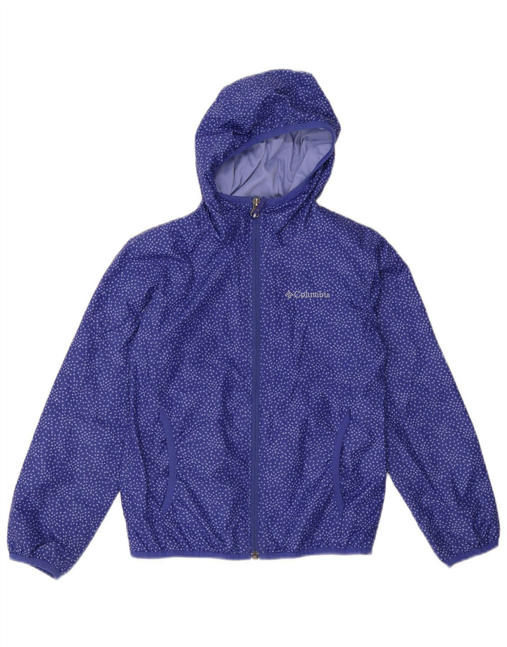 Columbia piger hætte regnjakke 7-8 år lille blå geometrisk polyester
