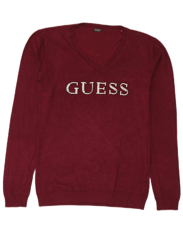 Guess Dame Grafisk V-hals sweater UK 14 Large Burgundy