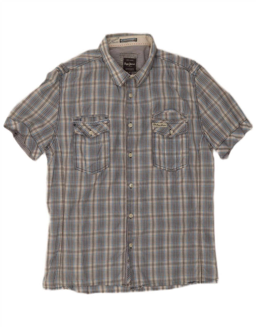 PEPE Jeans Herre Slim Fit Kortærmet skjorte Medium Blue Ternet Bomuld