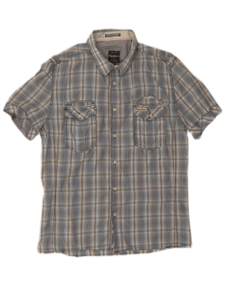 PEPE Jeans Herre Slim Fit Kortærmet skjorte Medium Blue Ternet Bomuld