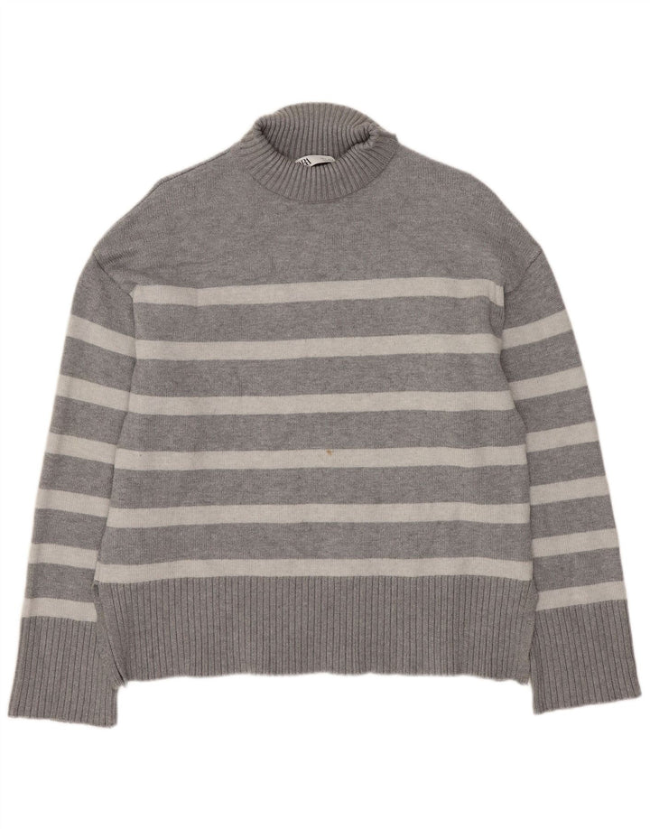 Zara Dame Oversized Turtle Neck Jumper Sweater UK 10 Small Grå Stribet