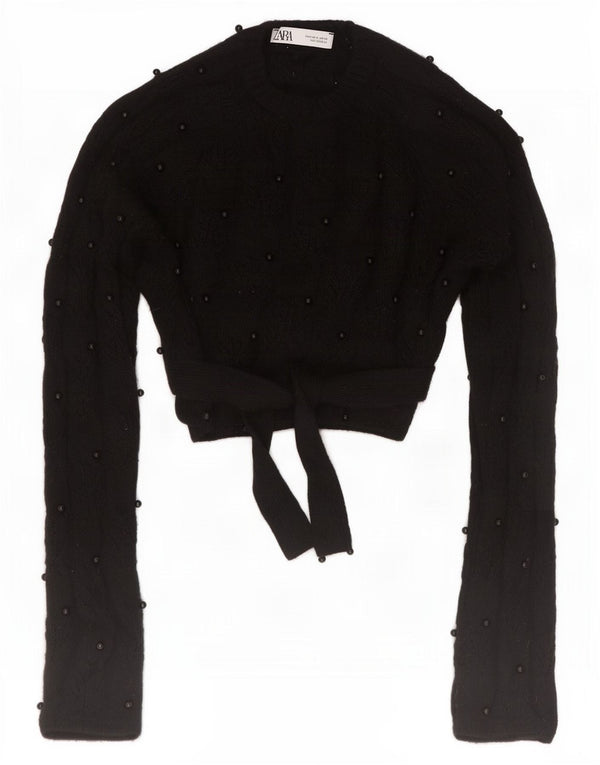 Zara Womens Crop Crew Neck Jumper Sweater UK 12 Medium Black Flecked