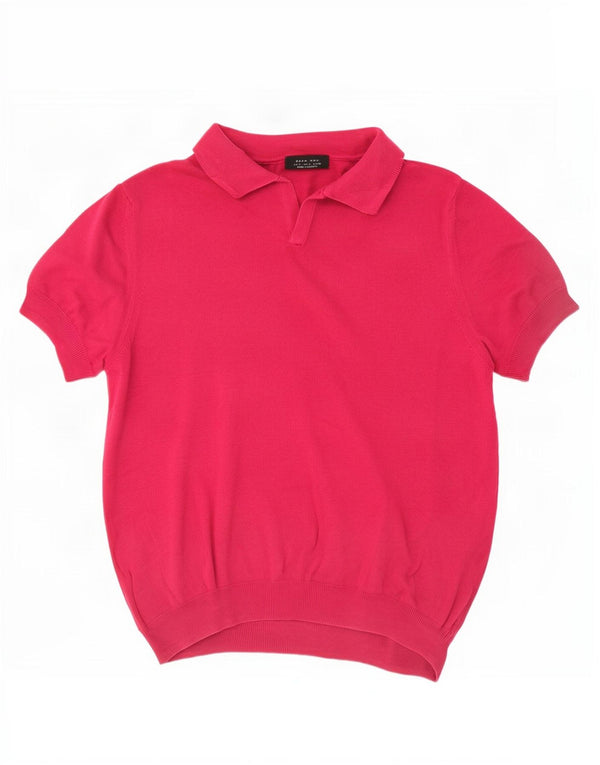 Zara Herre Kortærmet Polo Neck Jumper Sweater Medium Pink Bomuld