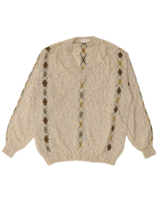 SEVRES Mens V-Neck Jumper Sweater IT 48 Medium Beige Argyle/Diamond Cotton