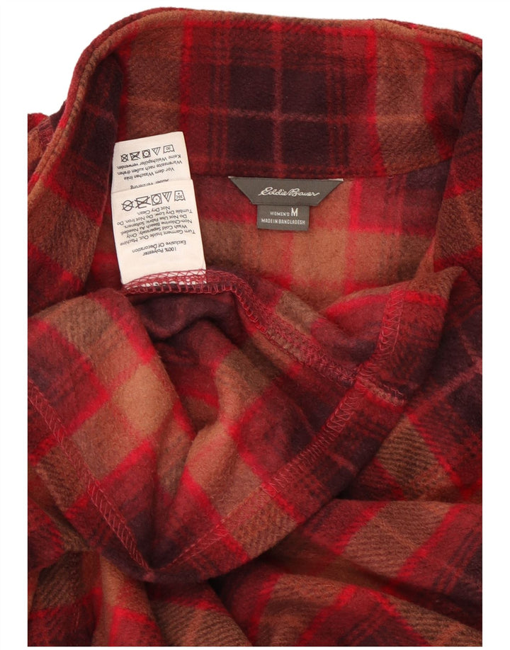 EDDIE BAUER Womens Zip Neck Fleece Jumper UK 14 Medium Burgundy Check