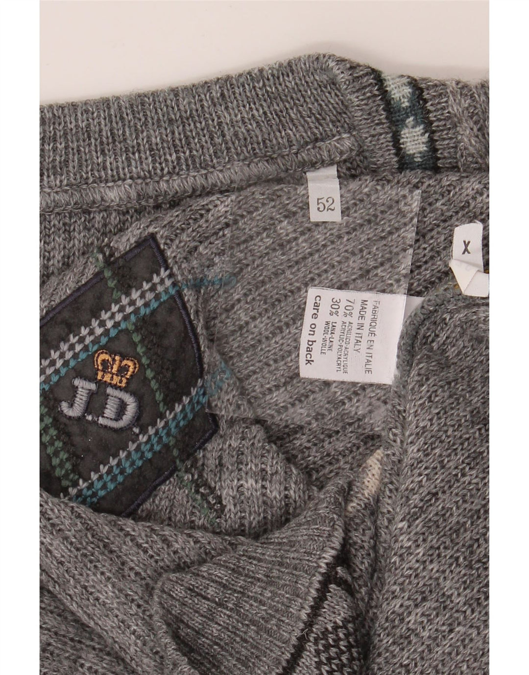 VINTAGE Mens V-Neck Jumper Sweater IT 52 Large Grey Argyle/Diamond Acrylic Vintage Vintage and Second-Hand Vintage from Messina Hembry 