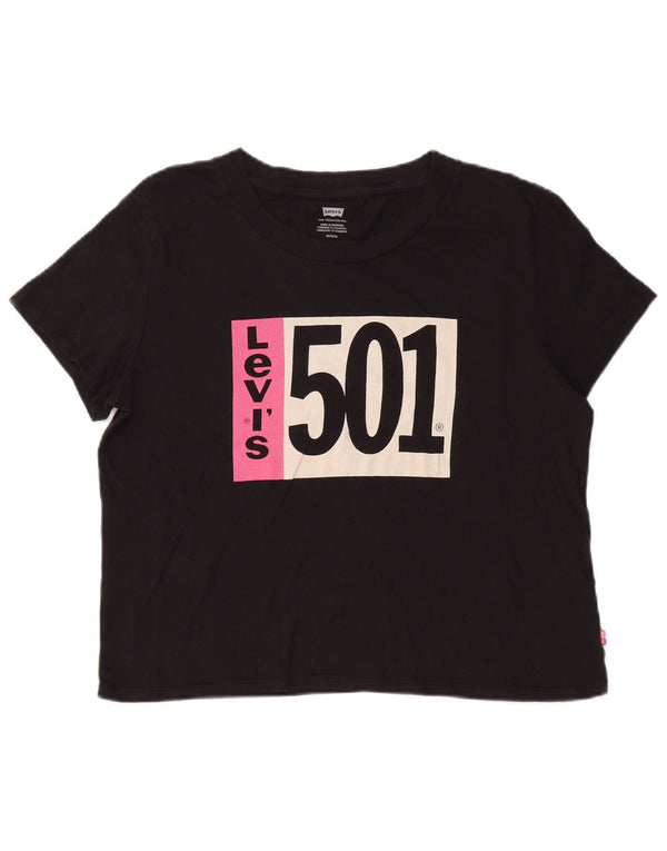 Levi's Dame 501 Crop Grafisk T-Shirt Top UK 14 Medium Sort Bomuld