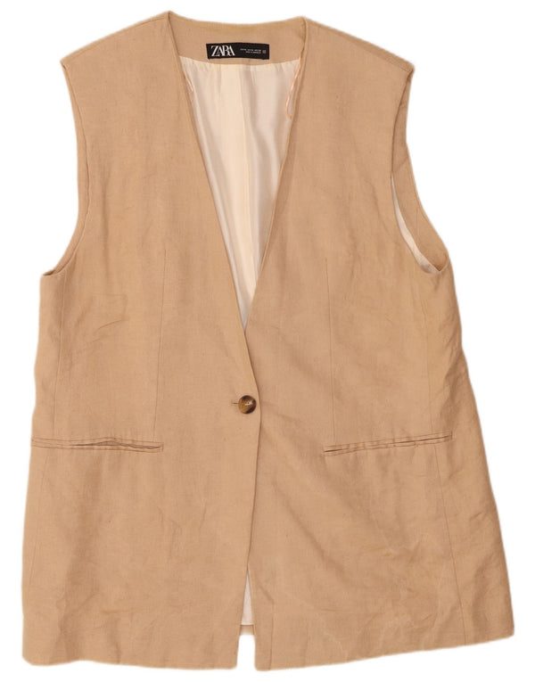 Zara Dame Ærmeløs 1 Knap Blazer Jacket UK 18 XL Beige Linen