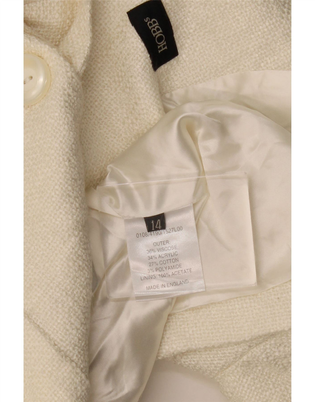 Hobbs Dame 3/4-ærmet blazerjakke UK 14 Medium Off White Viscose