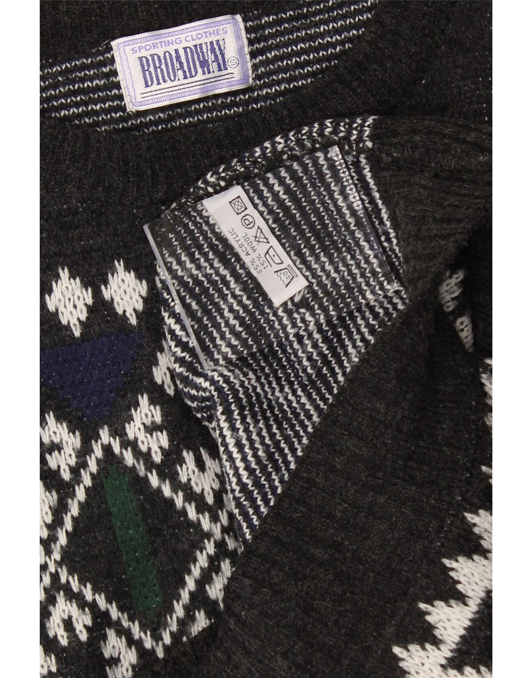 BROADWAY Mens Crew Neck Jumper Sweater Large Grey Argyle/Diamond Acrylic Vintage Broadway and Second-Hand Broadway from Messina Hembry 