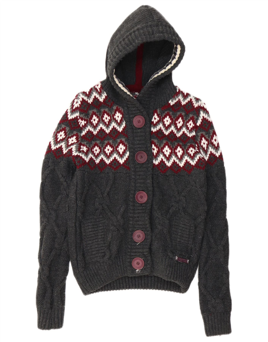 SUPERDRY Dame hætte cardigan sweater UK 10 Small Grey Fair Isle Akryl