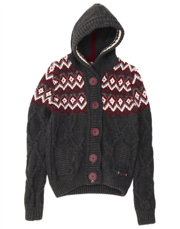 SUPERDRY Dame hætte cardigan sweater UK 10 Small Grey Fair Isle Akryl