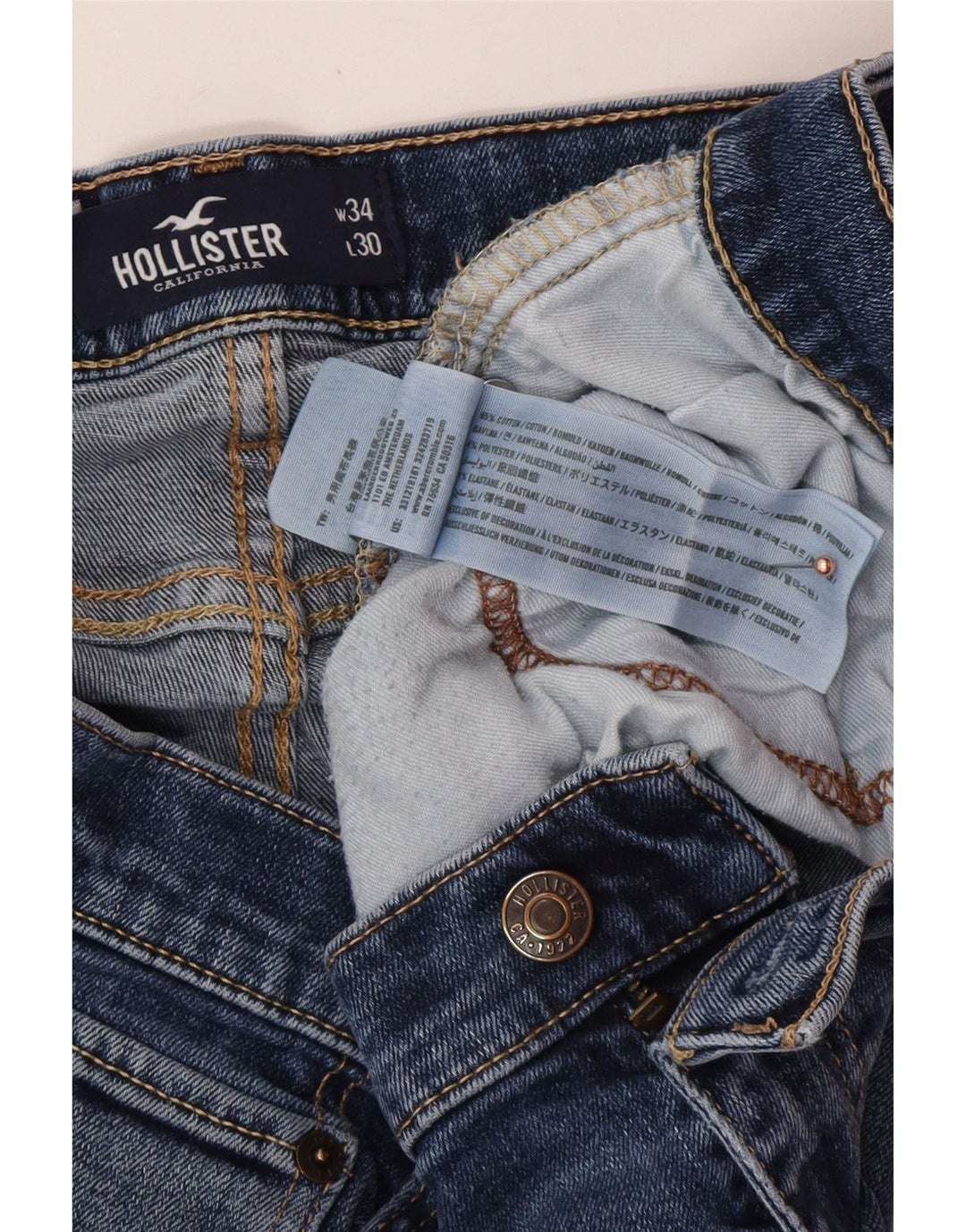 HOLLISTER Herre Slim Straight Jeans W34 L30 Blå Bomuld