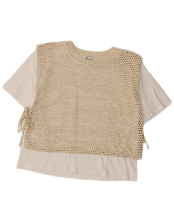 Zara Womens Crop T-Shirt Top UK 14 Stor hvid bomuld