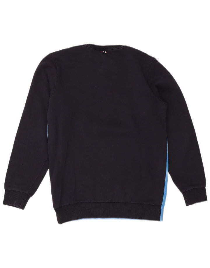NAPAPIJRI Boys Graphic Sweatshirt Jumper 13-14 Years Navy Blue Colourblock Vintage Napapijri and Second-Hand Napapijri from Messina Hembry 