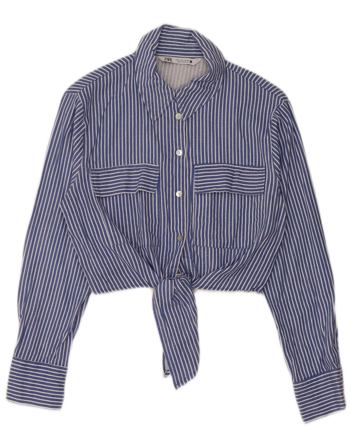 Zara Womens Front Tie Crop Shirt Bluse UK 10 Small Blue Striped