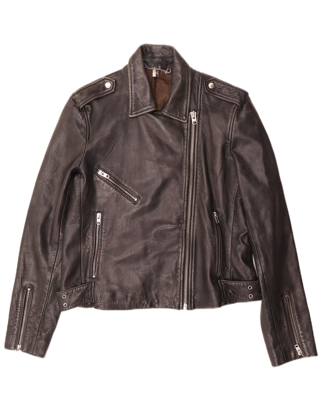 Topshop Dame Læder Biker Jacket UK 14 Stort sort lammeskind