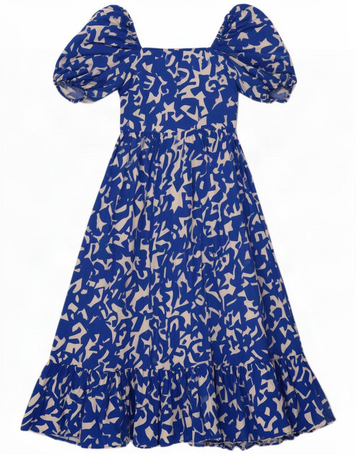 Zara Kvinder abstrakt mønster Flæser Tiered Dress UK 14 Large Blue