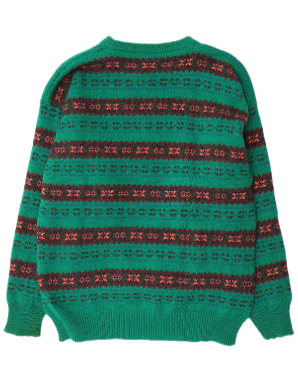 Vintage Herre Crew Neck Jumper Sweater Large Green Fair Isle Wool