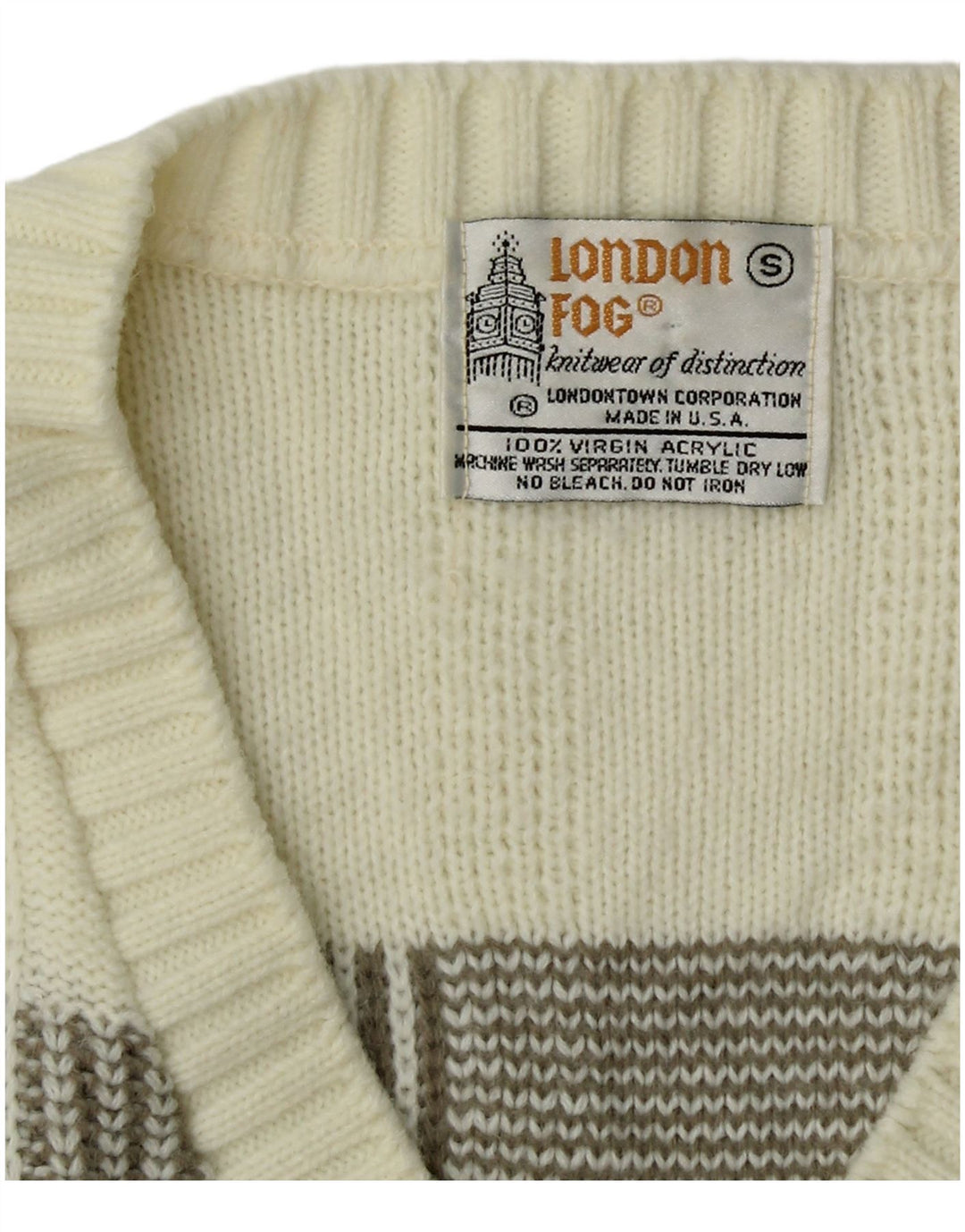 LONDON FOG Herre V-hals sweater Small Off White Stribet akryl