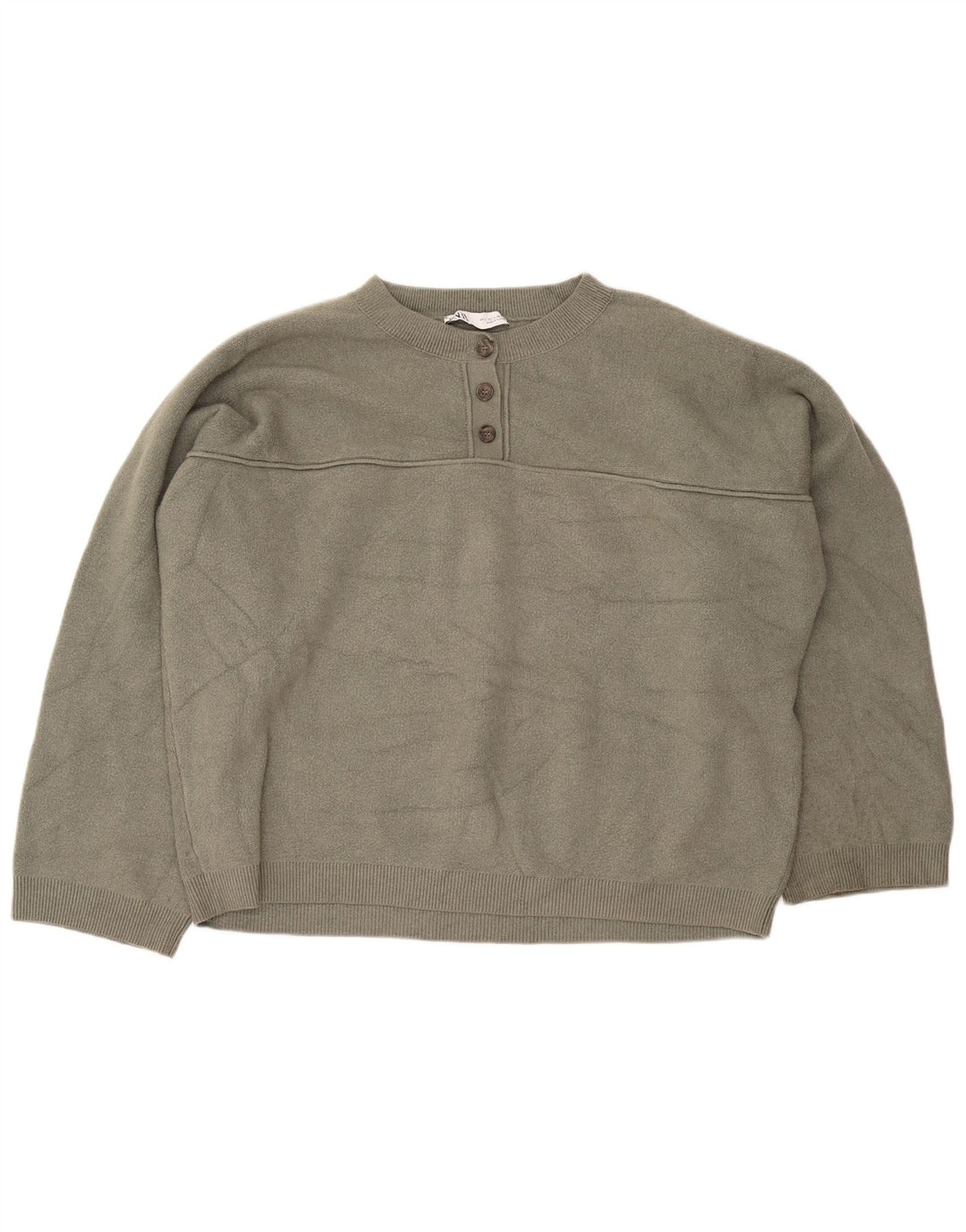 Zara Womens Oversized Button Neck Jumper Sweater UK 16 Large Khaki Viscose