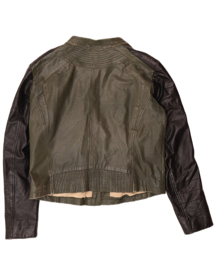 DAVID MOORE Dame Crop Biker Jacket UK 16 Large Green Colourblock Læder