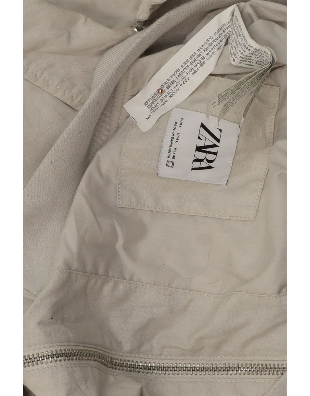 Zara Herre Bomber Jacket UK 40 Stor Hvid Nylon